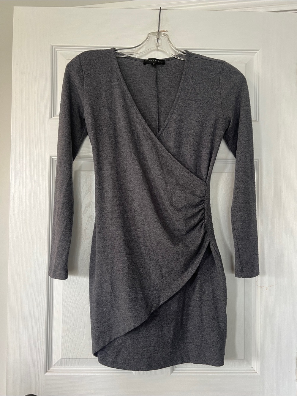 Dynamite Charcoal Wrap Ruched Long Sleeve Dress